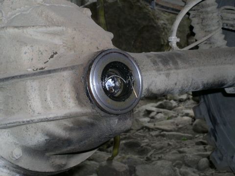 1979 Ford Bronco - Close-up view of a vehicle's differential axle housing, showing a bearing and surrounding components.