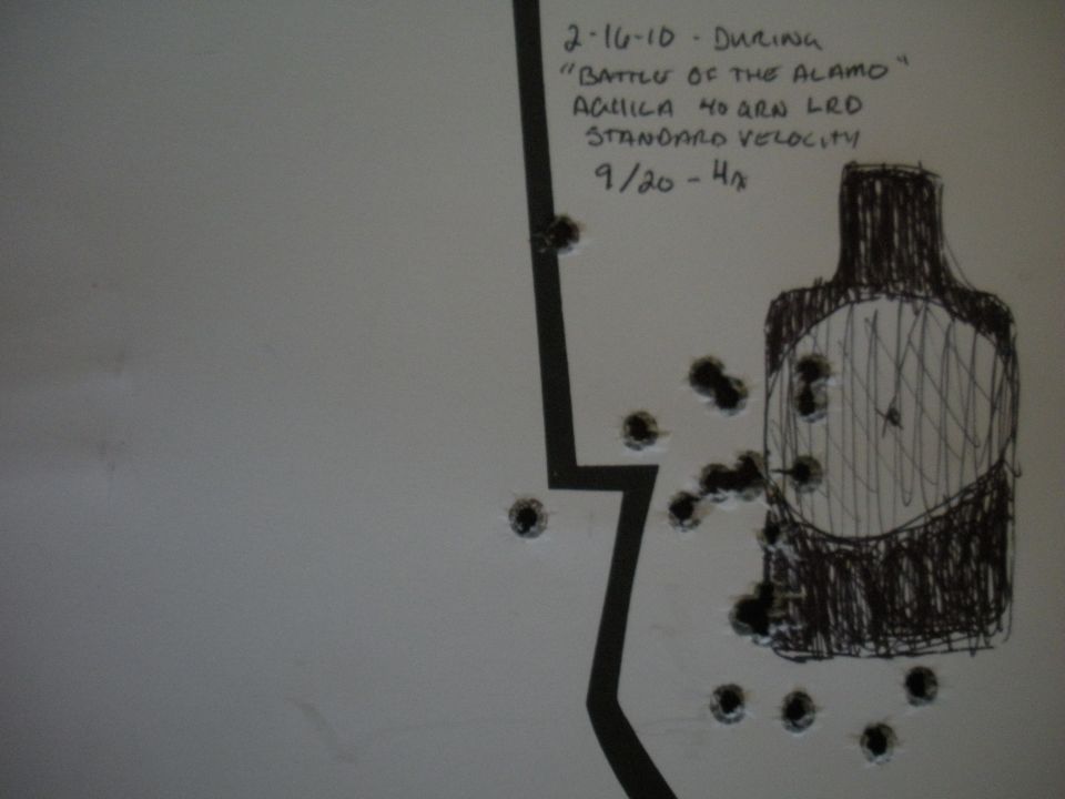 Target with bullet holes and handwritten notes including date and ammo type
