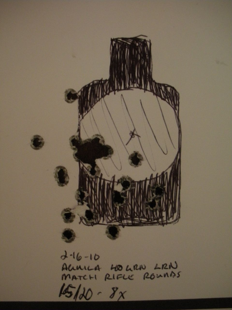 Target with bullet holes and handwritten notes indicating date, ammo type, and score