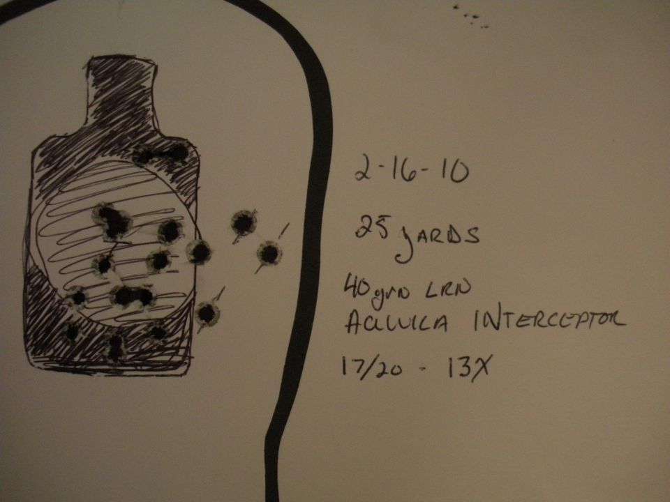 Target with bullet holes and handwritten notes including date, distance, and ammunition type