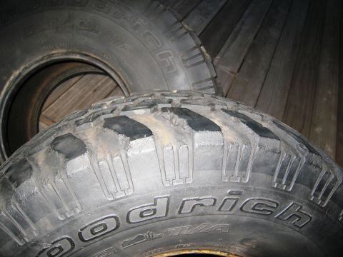 1986 Ford Bronco - Close-up of BFGoodrich All-Terrain T/A tires, showing tread pattern and sidewall markings.
