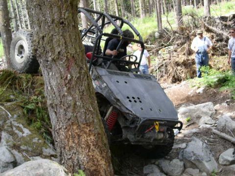 1979 Ford Bronco - An off-road buggy is stuck on a tree on a rocky trail, with onlookers observing the situation.