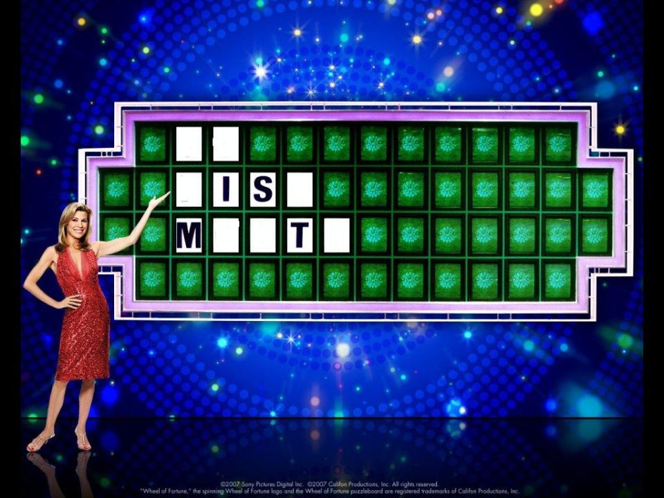 Wheel of Fortune puzzle board with letters I, S, M, T visible, and a woman in a red dress pointing