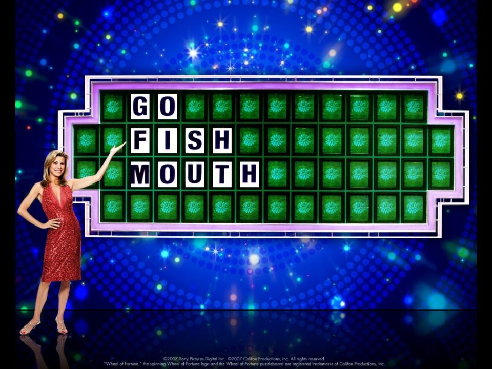 Wheel of Fortune puzzle board displaying 'GO FISH MOUTH' with a woman in a red dress pointing
