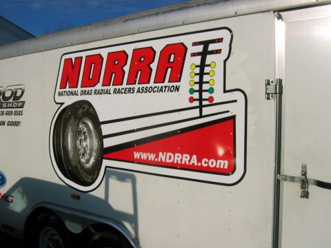 1992 Ford Mustang - Trailer side displays the NDRRA logo and website, indicating association with drag racing.