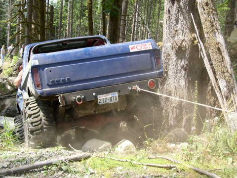 1979 Ford Bronco - This truck is using a winch to navigate a difficult off-road obstacle in a wooded area.