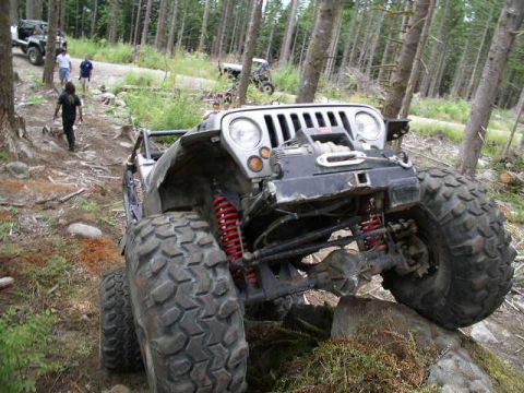 1979 Ford Bronco - A heavily modified Jeep Wrangler navigates rocky terrain in a forest, with other vehicles and people in the background.