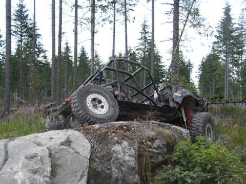 1979 Ford Bronco - Custom off-road buggy navigates rocky terrain in a wooded area.
