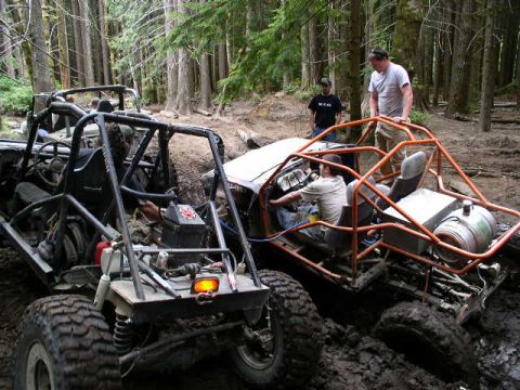 1979 Ford Bronco - Off-road buggies navigate a muddy trail in a forest setting.