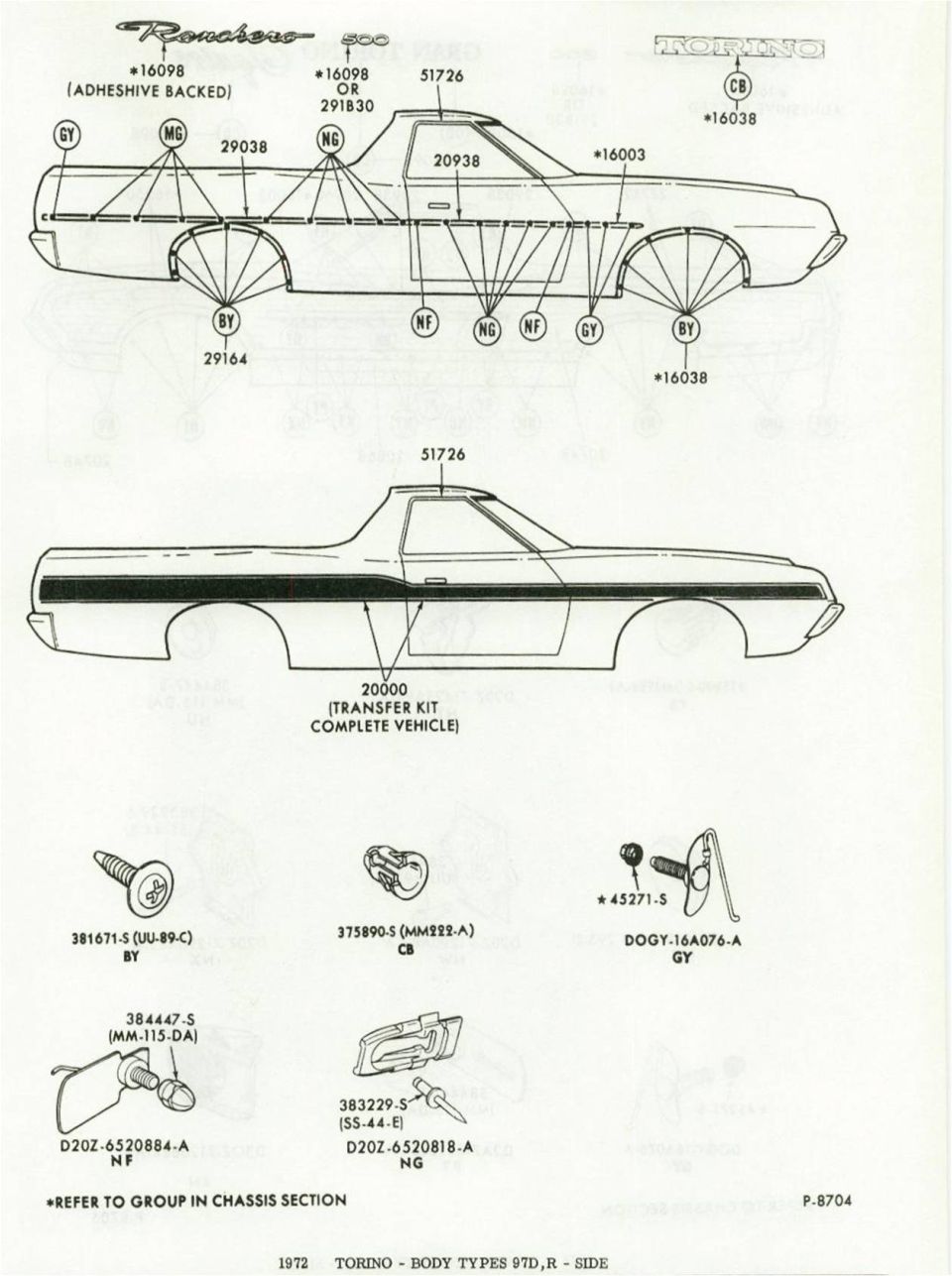 Ranchero body side stripe and emblem parts diagram