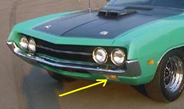 1971 Ford Ranchero - The front of a green 1970 Ford Torino GT is shown with a yellow arrow pointing to the passenger side marker light.
