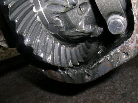 1979 Ford Bronco - The differential gears show significant damage, including chipped teeth and a bent housing, indicating a catastrophic failure.