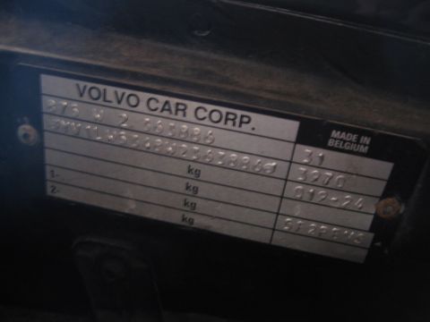1993 Ford Probe - A close-up of a Volvo Car Corp. VIN plate, showing manufacturing details and identification numbers.
