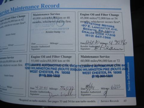 1993 Ford Probe - This document shows a vehicle's service maintenance record with multiple entries for service and oil changes.