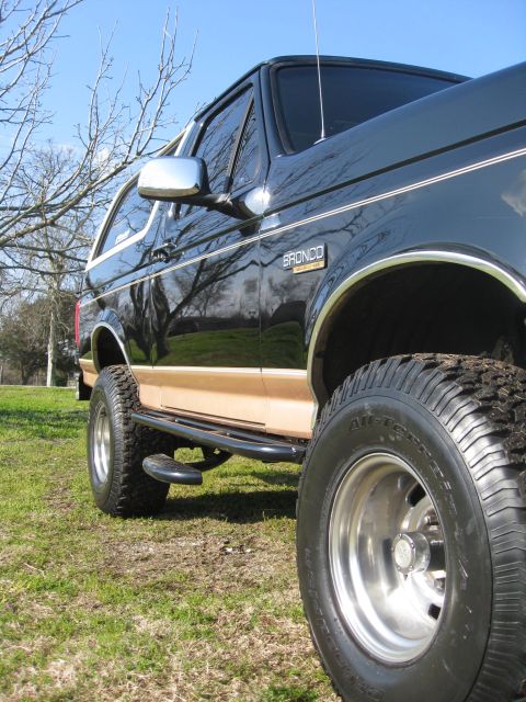1994 Ford Bronco - Side view of a 1994 Ford Bronco parked on grass under a clear blue sky.