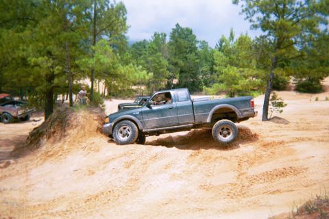 1985 Ford Bronco - A dark green pickup truck is shown driving off-road on a sandy hill with trees in the background.