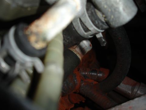 1989 Ford Taurus - Close-up view of engine hoses and clamps, some with orange sealant applied.