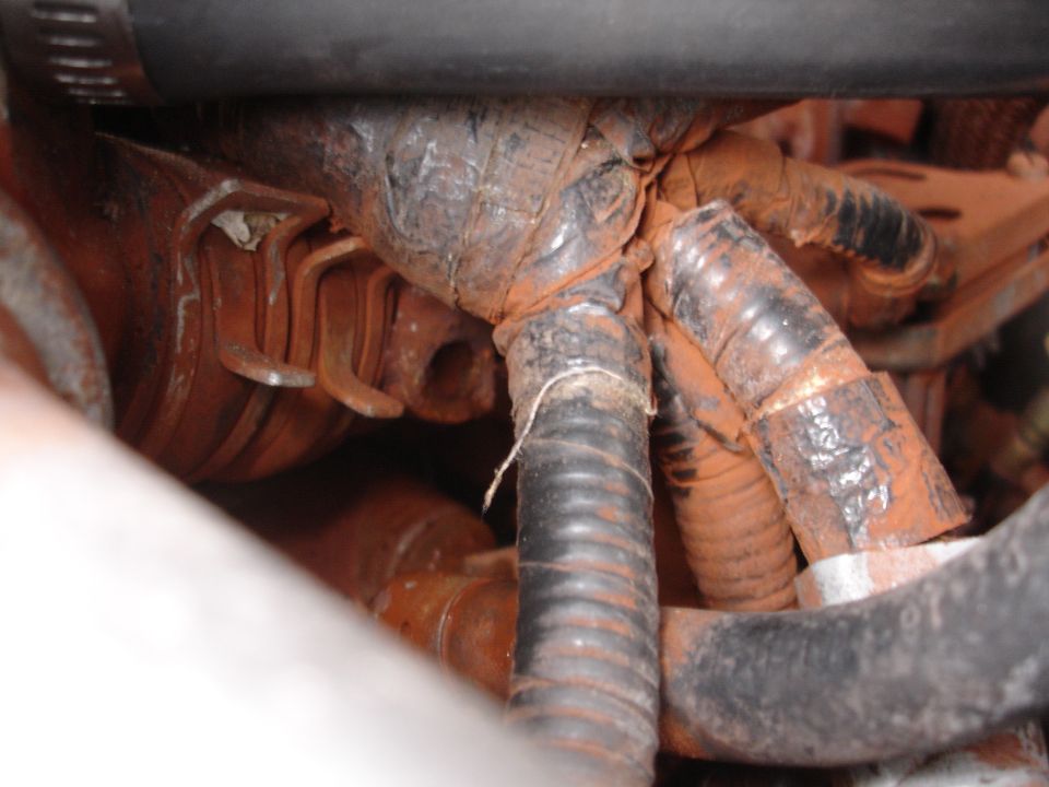 Engine wiring harness with orange-brown corrosion and black corrugated tubing
