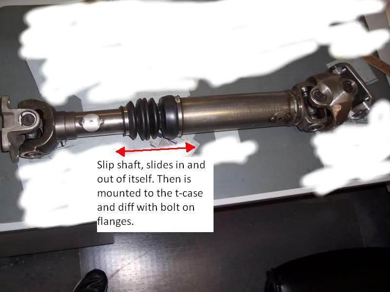 Annotated driveshaft with slip-yoke boot and double-cardan joint on a workbench