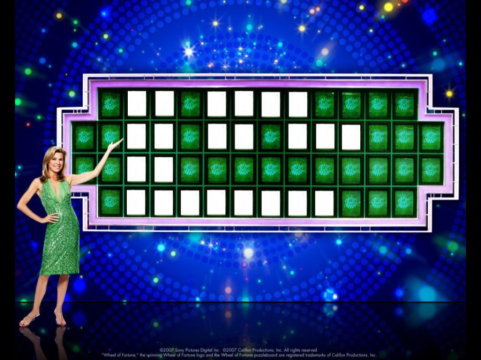 Wheel of Fortune puzzleboard with a woman in a green dress pointing to it