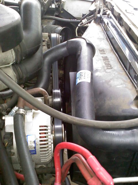 1992 Ford Bronco - Close-up of engine components including alternator and radiator hoses, with a part number visible on a hose.