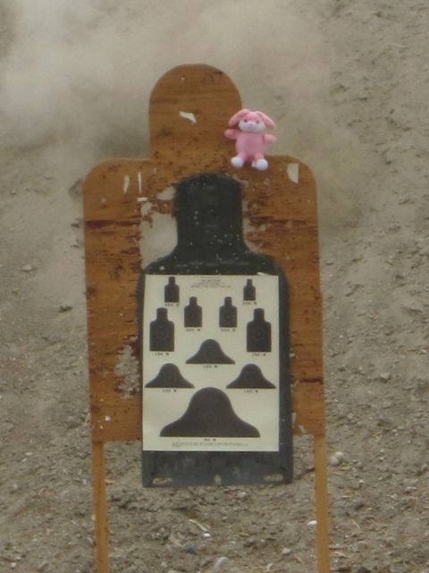 2003 Jeep Wrangler - A target at a shooting range is adorned with a small pink bunny, suggesting an unusual training scenario.