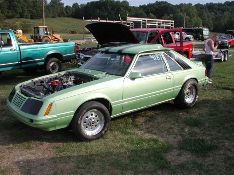 1969 Ford Mustang - A light green coupe with racing stripes sits on grass, its hood open to reveal the engine, with other vehicles in the background.