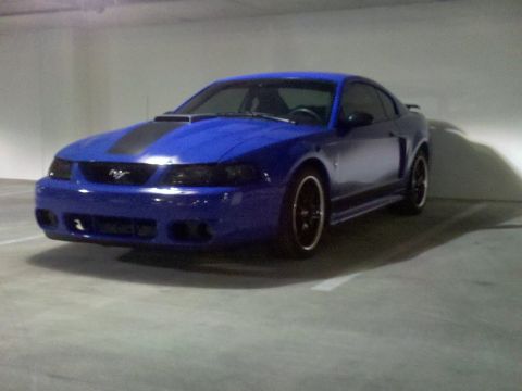 1992 Ford Bronco - Blue coupe with black racing stripes parked indoors.