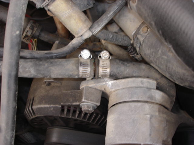 Two new hose clamps on a coolant hose in a dirty engine bay above the alternator