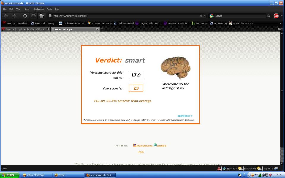 Browser screenshot of a Smart or Stoopid online quiz result page