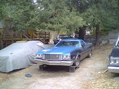 1973 Ford Ranchero - A blue pickup truck is parked on blocks in a yard with trees and other vehicles present.