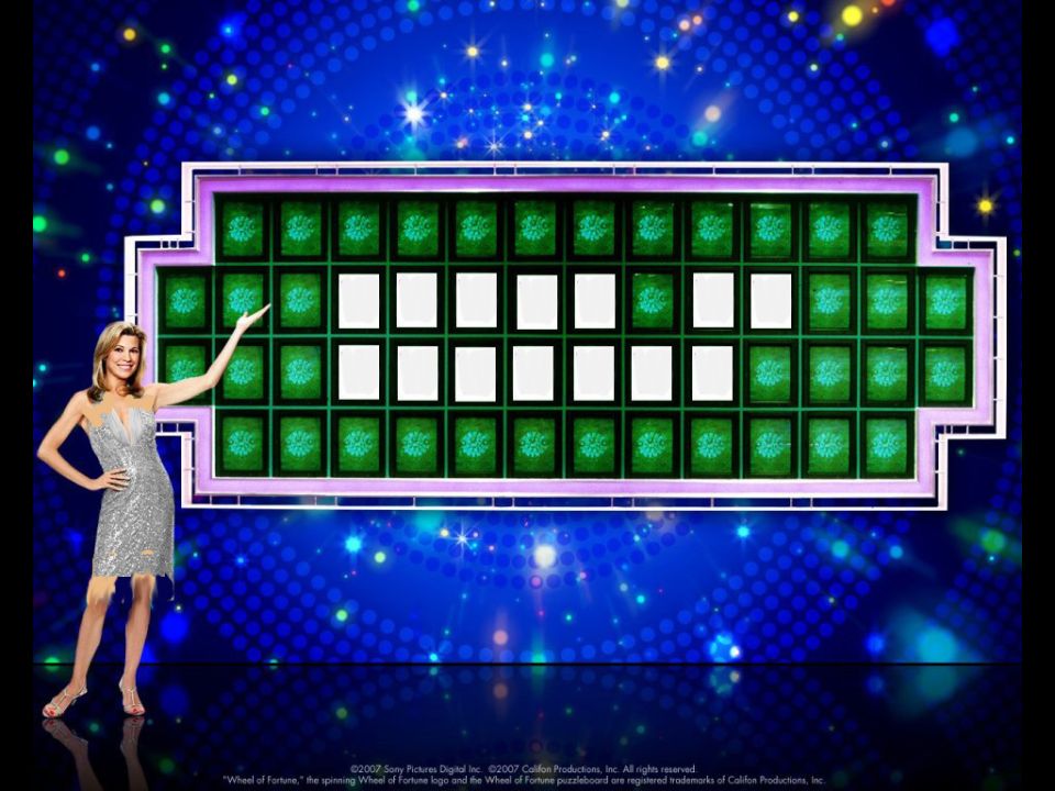 Wheel of Fortune set with a woman pointing to the puzzle board