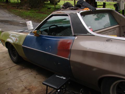 1973 Ford Ranchero - This Ford Ranchero shows a patchwork of colors and appears to be undergoing repairs.