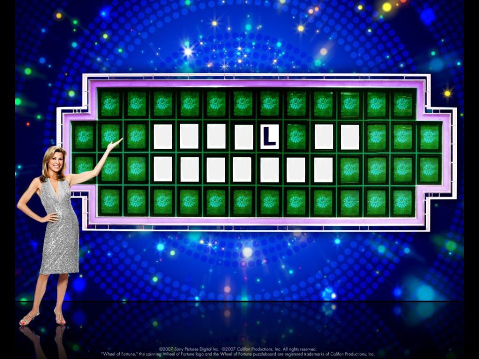 Wheel of Fortune puzzle board with a contestant pointing