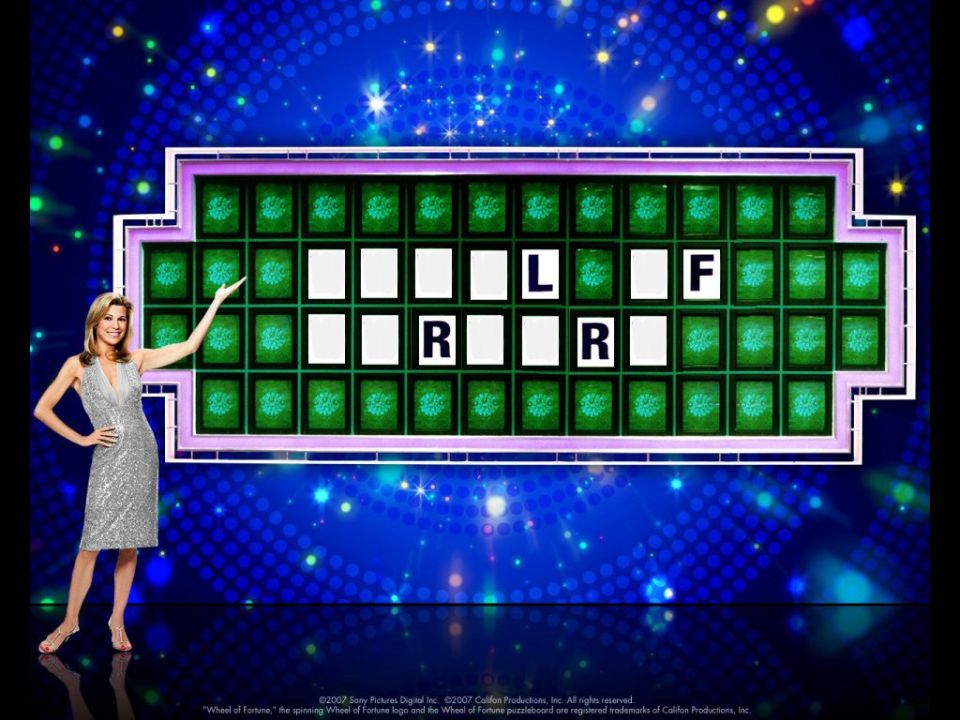Wheel of Fortune puzzle board with letters L, R, F visible, and a woman in a silver dress