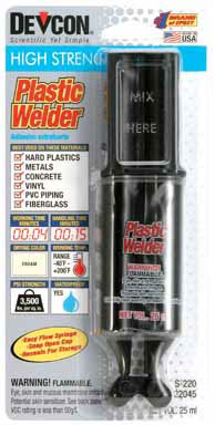 2007 Ford Mustang - Product packaging photograph of Devcon Plastic Welder adhesive, not a technical document.
