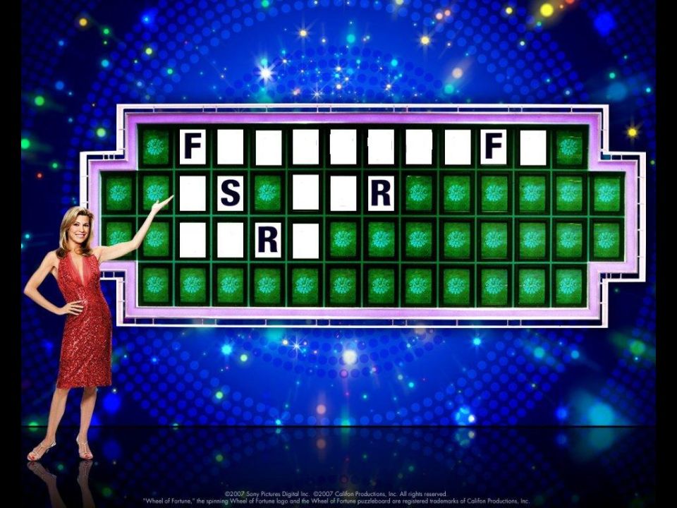 Wheel of Fortune puzzle board with letters F, S, R visible on green tiles