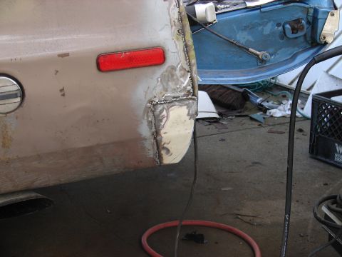 1973 Ford Ranchero - Bodywork in progress on a 1973 Ford Ranchero, showing welded metal on the rear quarter panel.