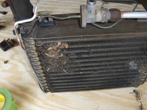 1970 Chevrolet Camaro - A close-up view of a car's air conditioning evaporator core, showing accumulated dirt and debris on its fins.