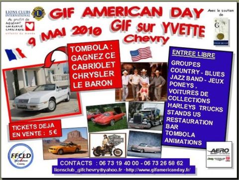 1991 Ford Crown Victoria - A white convertible is advertised as a prize at an American Day event.