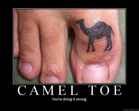 1900 Acura CL - A toe tattoo of a camel, accompanied by text that plays on the phrase 'camel toe'.
