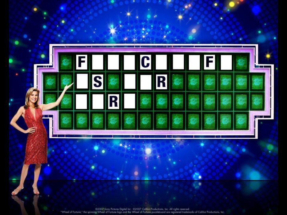 Wheel of Fortune puzzle board with letters F, S, C, R visible, and a woman in a red dress pointing