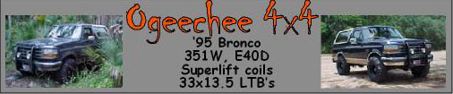 Ogeechee 4x4 banner with lifted 95 Ford Bronco photos and build spec text
