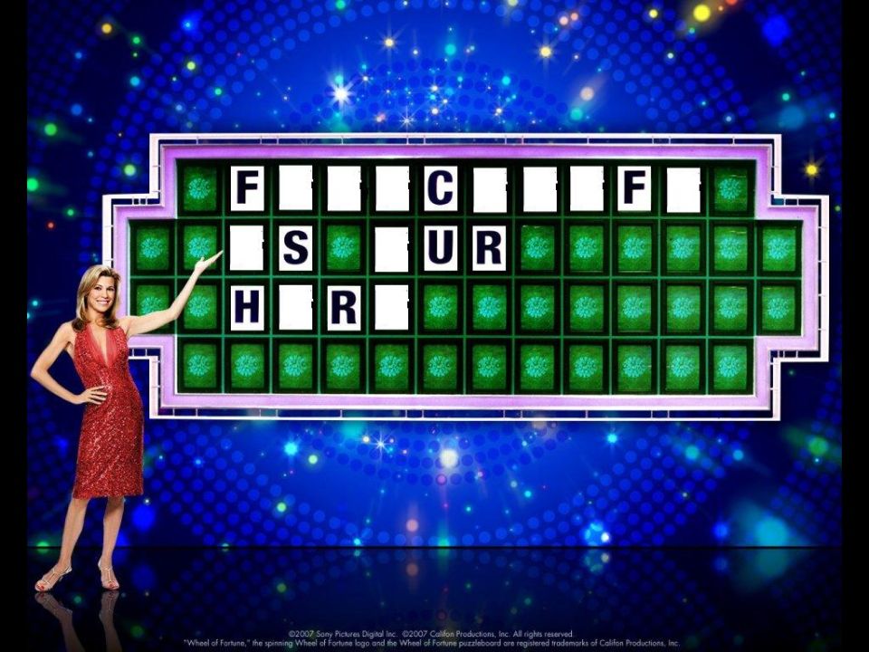 Wheel of Fortune puzzle board with letters F, S, H, C, U, R visible, and a woman in a red dress pointing