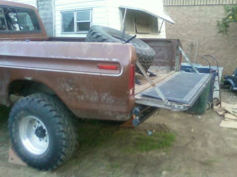 1976 Ford F-250 - The rear of a brown 1973 Ford F-Series pickup truck is shown with its tailgate down, revealing a spare tire in the bed.