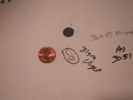 1996 Ford Bronco - This image shows target practice results with a penny for scale and handwritten notes about the shot.