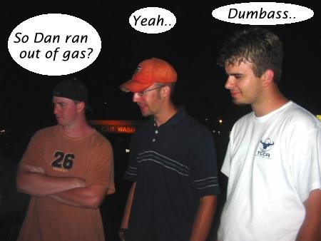 1999 Ford Taurus - Three men are conversing outdoors at night, with speech bubbles indicating their dialogue.