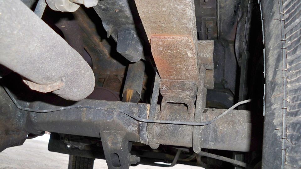 Underside frame and suspension components of a truck