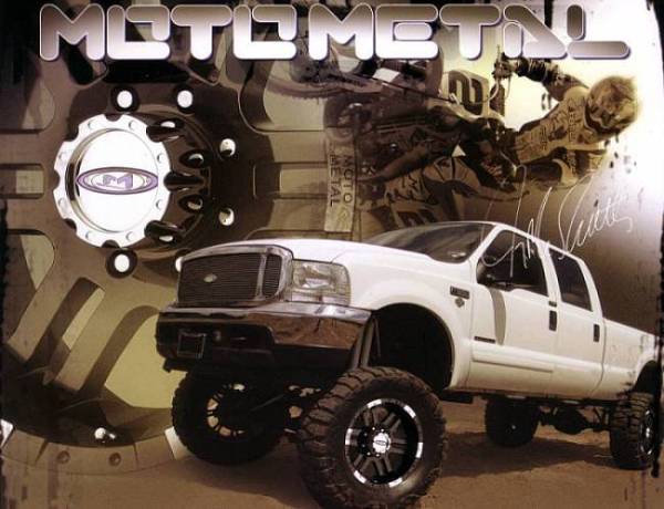 White lifted Ford pickup on black Moto Metal wheels in a sepia advertising graphic