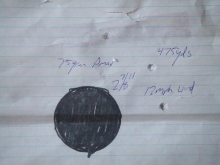 1996 Ford Bronco - Target shows bullet holes and handwritten notes indicating range, ammunition, and wind conditions.